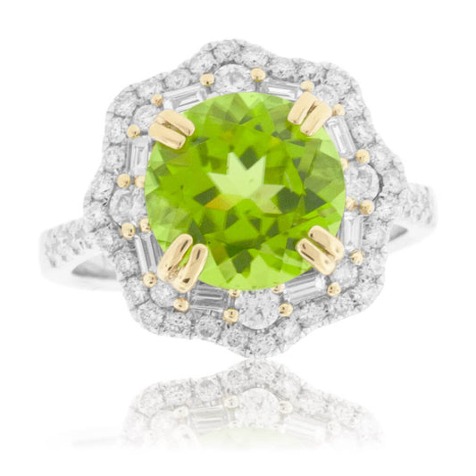 Round Peridot & Double Diamond Halo Intricate Style Ring - Park City Jewelers