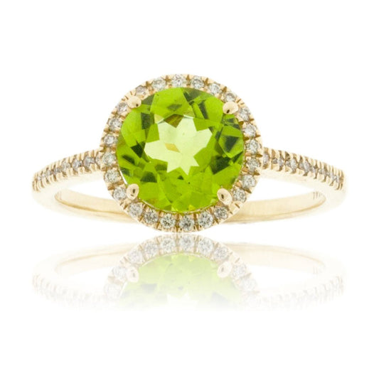 Round Peridot with Diamond Halo on Diamond Accented Band - Park City Jewelers
