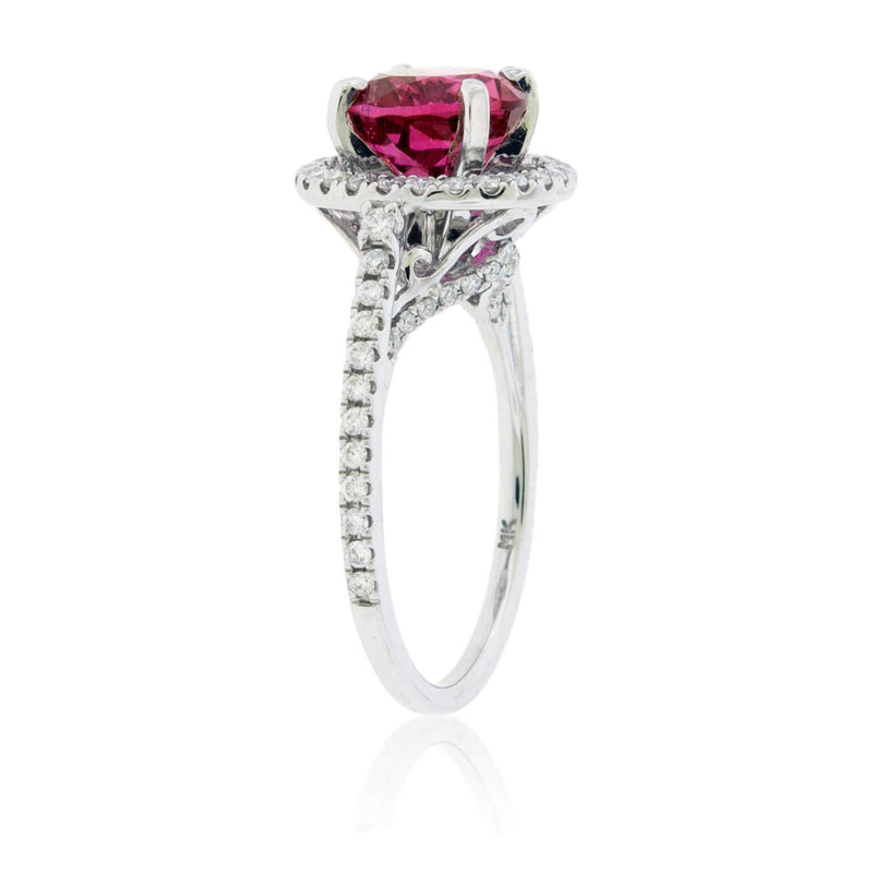 Round Pink Tourmaline Rubelite and Diamond Halo Ring - Park City Jewelers