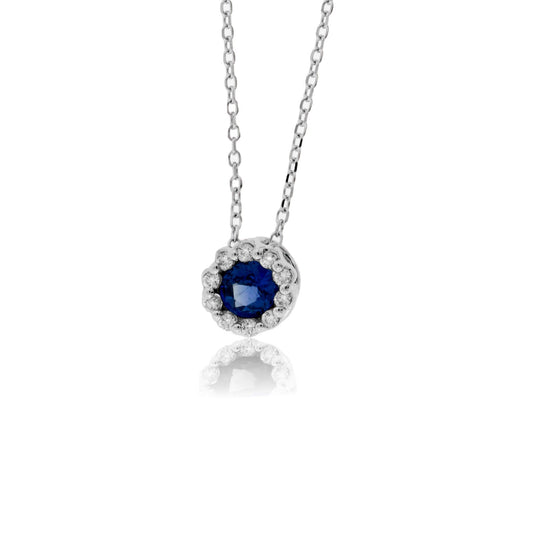 Round Shaped Sapphire with Diamond Halo Pendant - Park City Jewelers