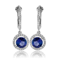 Round Tanzanite & Diamond Halo Dangle Earrings - Park City Jewelers