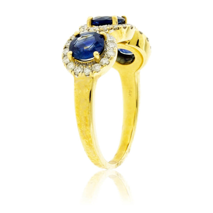 Round Three Blue Sapphire & Diamond Classic Halos Ring - Park City Jewelers