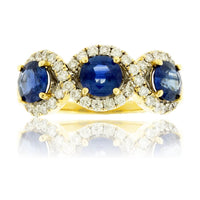 Round Three Blue Sapphire & Diamond Classic Halos Ring - Park City Jewelers