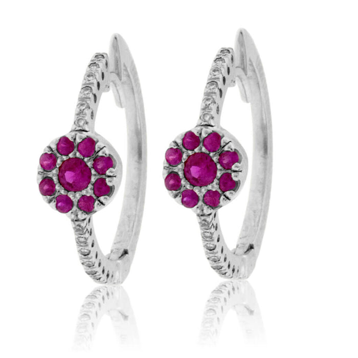 Ruby Center Cluster & Diamond Lined Hoop Earrings - Park City Jewelers