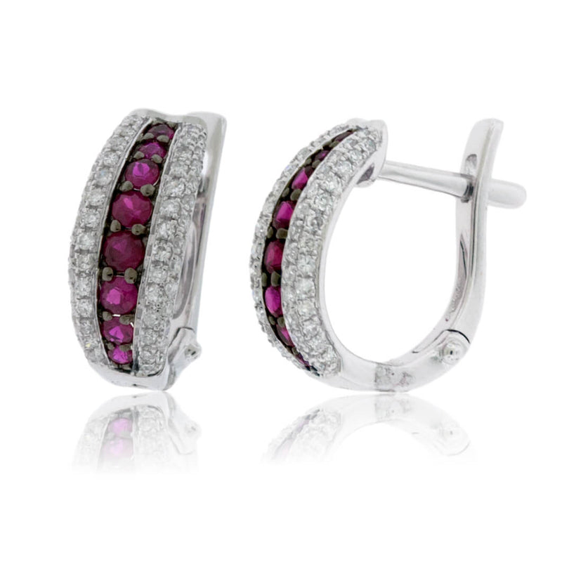 Ruby Center & Diamond Lined Hoop Earrings - Park City Jewelers
