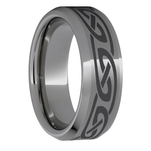 Rugged Tungsten Beveled Edge Polished Band with Knot Laser Engraving - Park City Jewelers