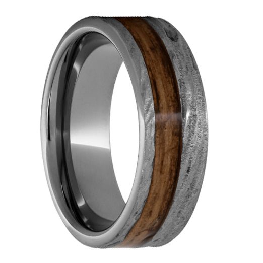 Rugged Tungsten Flat Band with Off-Center Bourbon Barrel Aged Inlay and Bark Finish - Park City Jewelers