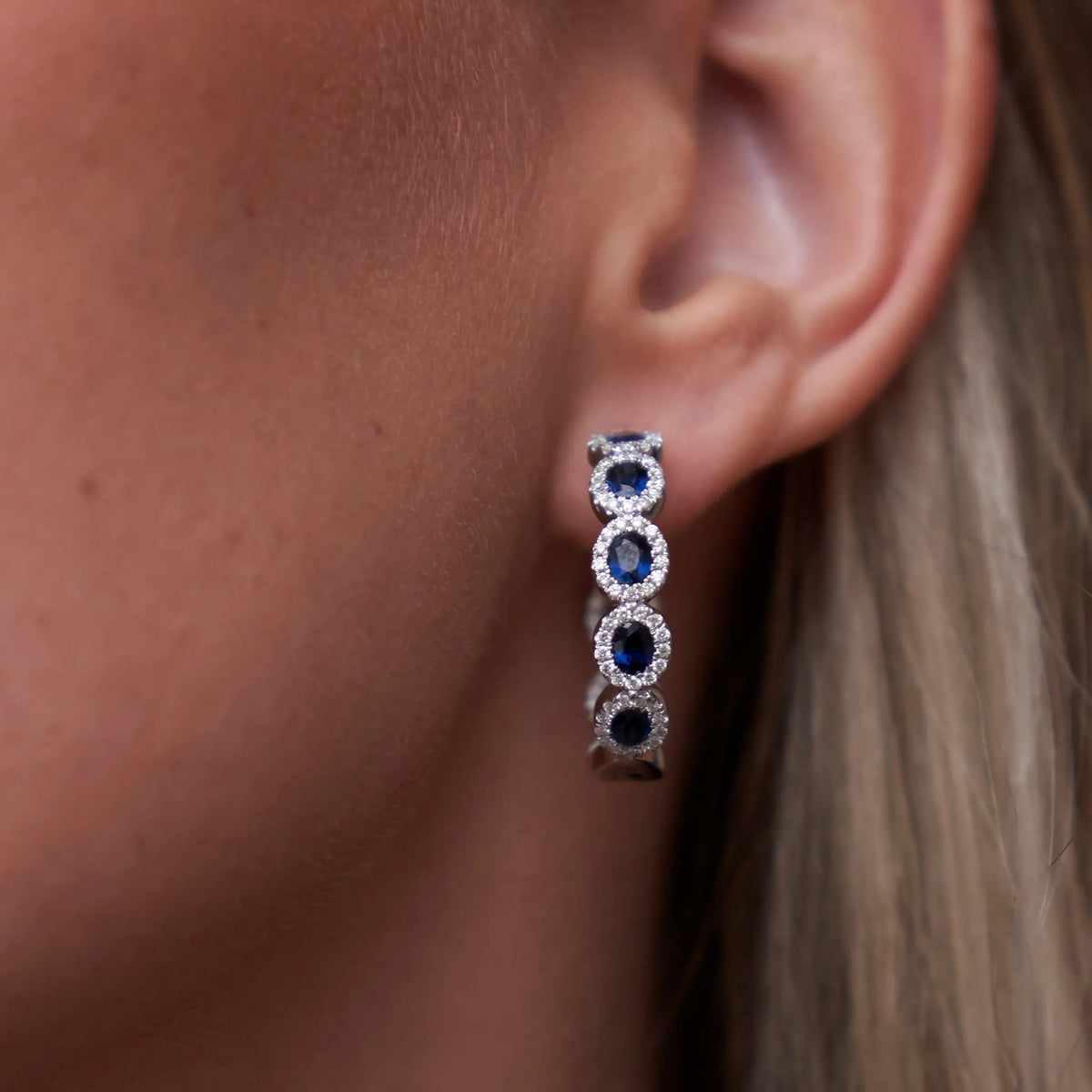 Sapphire with Diamond Halo Hoop Earrings - Park City Jewelers