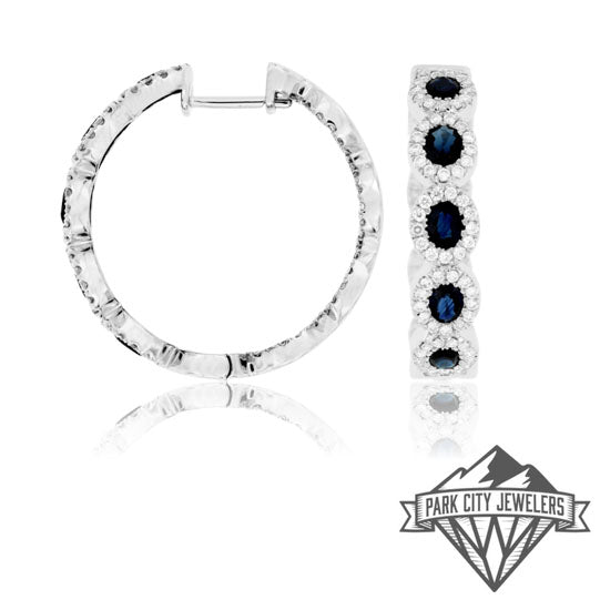 Sapphire with Diamond Halo Hoop Earrings - Park City Jewelers
