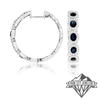 Sapphire with Diamond Halo Hoop Earrings - Park City Jewelers
