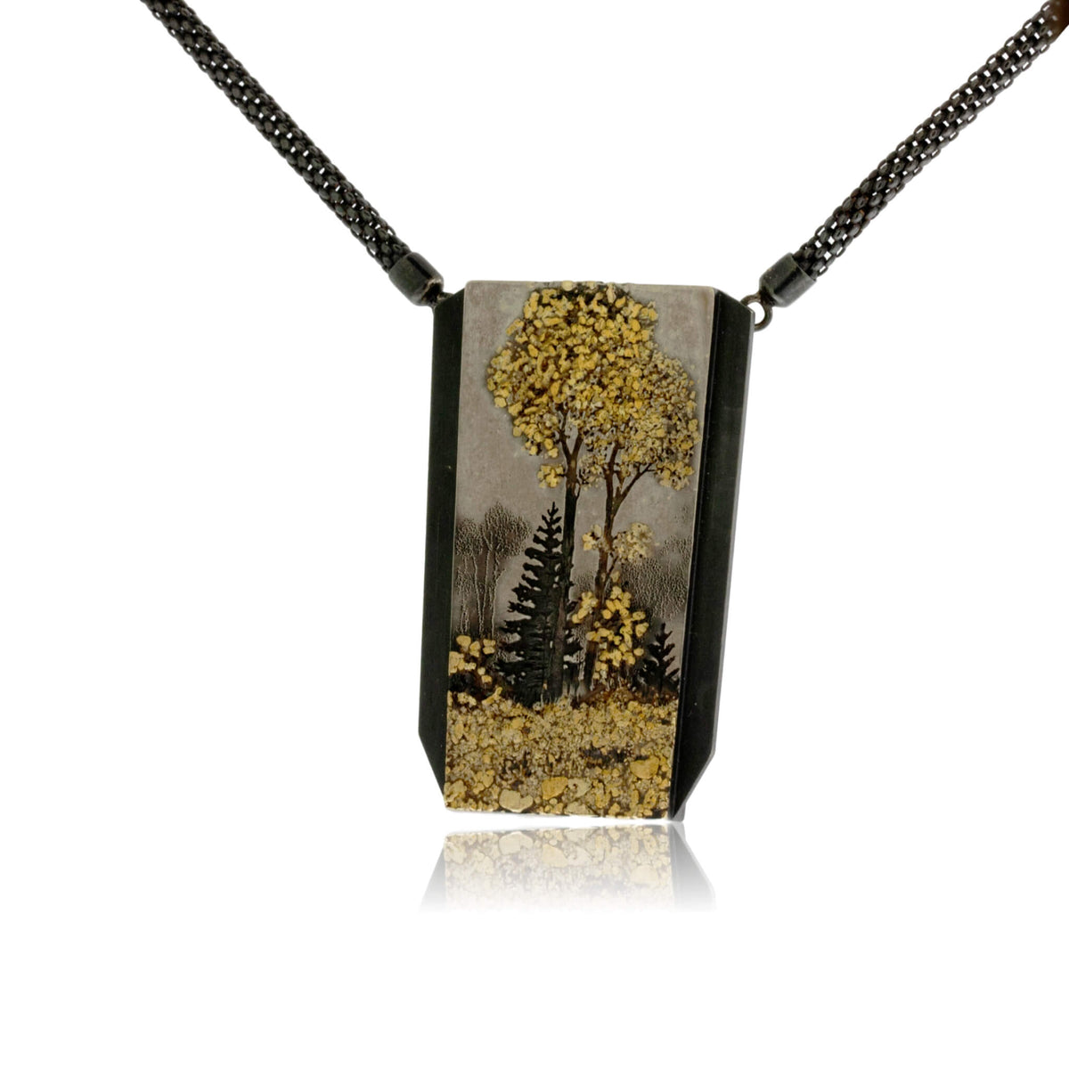 Silver, 18K Gold, & Nugget Gold Trees in the Moon Pendant - Park City Jewelers