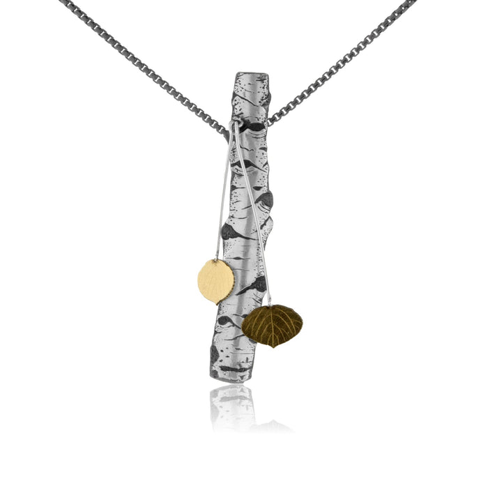 Silver Carved Aspen with Gold Leaf Adorn Pendant - Park City Jewelers