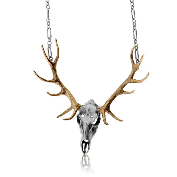 Silver Elk Skull with Yellow Gold Antlers Pendant w/Chain - Park City Jewelers