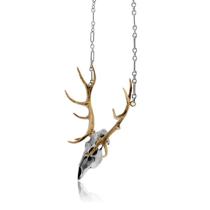 Silver Elk Skull with Yellow Gold Antlers Pendant w/Chain - Park City Jewelers