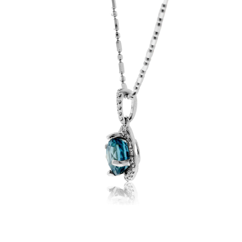 Simple Blue Zircon in Diamond Halo Drop Pendant - Park City Jewelers