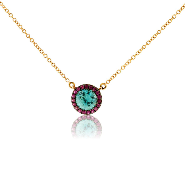 Simple Round Blue Zircon in Pink Sapphire Halo Pendant - Park City Jewelers