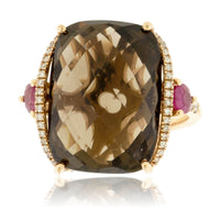 Smoky Topaz Checkerboard Stone with Diamonds & Ruby Accents Ring - Park City Jewelers