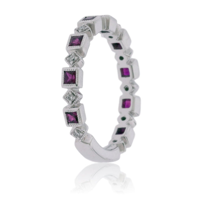 Stackable Princess Ruby and Round Diamond Band - Park City Jewelers