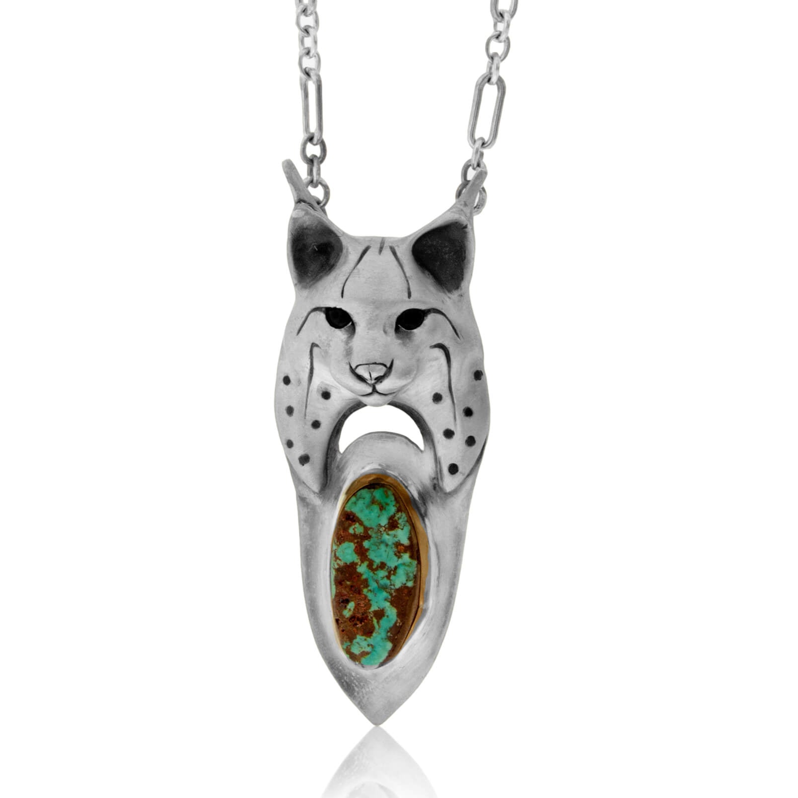 Sterling Silver Bobcat Head with Turquoise Cabochon Pendant w/Chain - Park City Jewelers