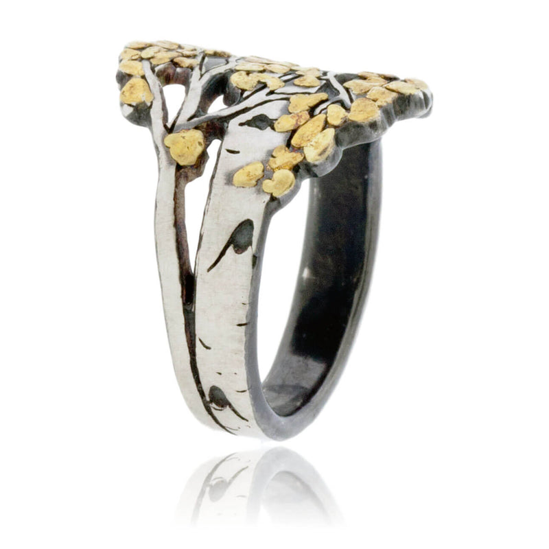 Sterling Silver & Gold Nugget Aspen Tree Ring - Park City Jewelers