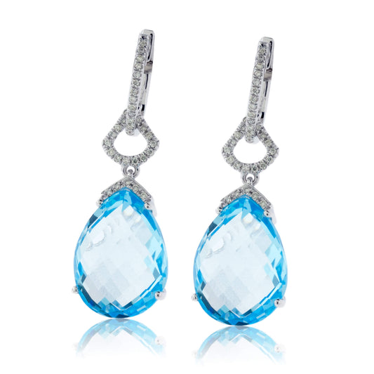 Tear Drop Blue Topaz with Diamond Halo Dangle Earrings - Park City Jewelers