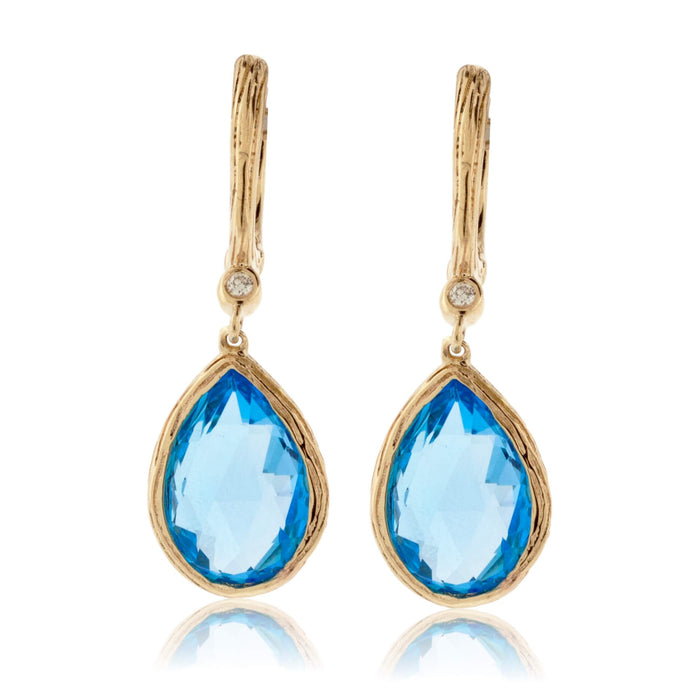 Tear Drop Blue Topaz with Textured Halo Dangle Earrings - Park City Jewelers