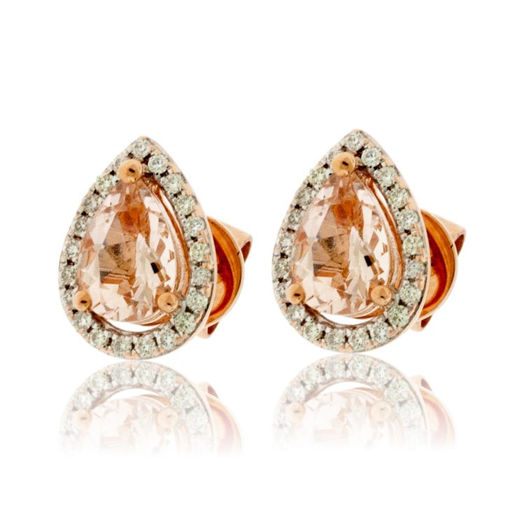 Tear Drop Pink Morganite and Diamond Halo Earrings - Park City Jewelers