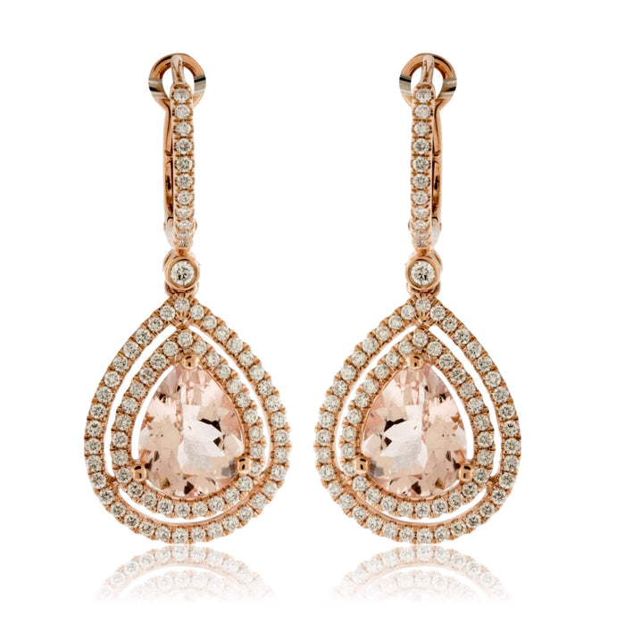 Tear Drop Pink Morganite and Double Diamond Halo Drop Earrings - Park City Jewelers