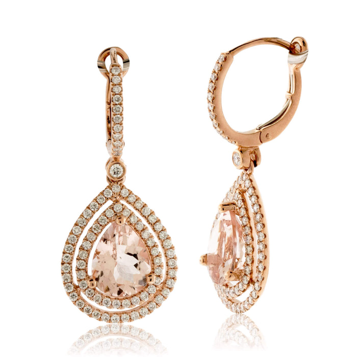 Tear Drop Pink Morganite and Double Diamond Halo Drop Earrings - Park City Jewelers