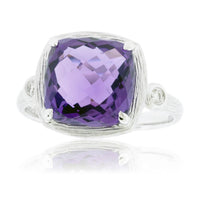 Textured White Gold and Checkerboard Amethyst Ring with Diamond Accents - Park City Jewelers
