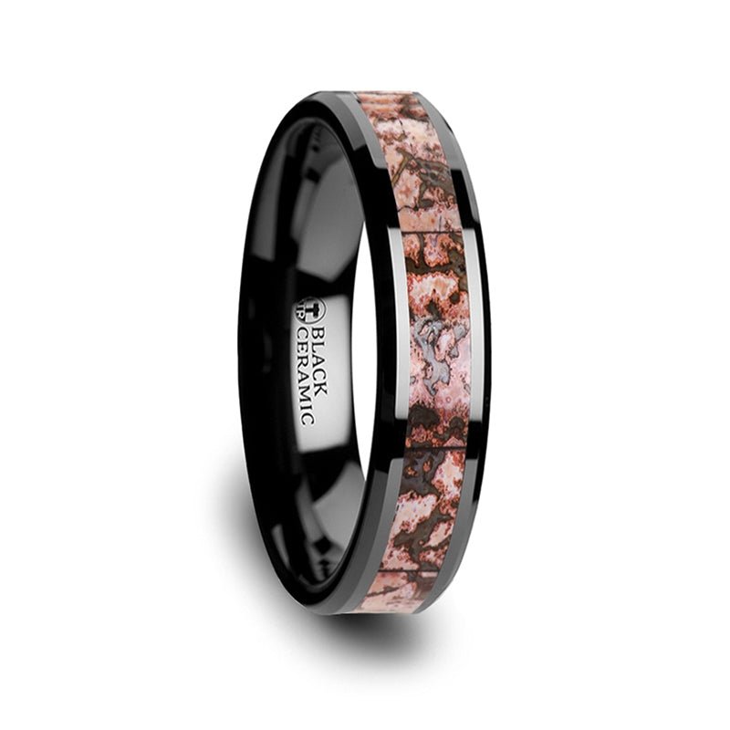 Thin Pink Dinosaur Bone Inlaid Black Ceramic Beveled Edged Ring - Park City Jewelers