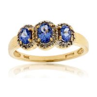 Three Stone Tanzanite with Diamond Halo Ring - Park City Jewelers