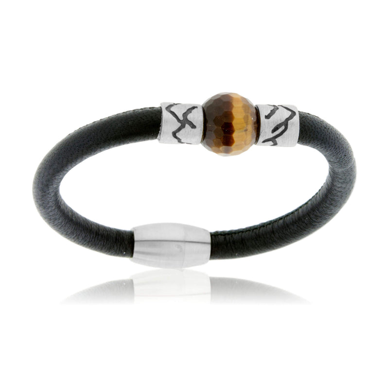 Tigers Eye & Mountain Bead on Woven Leather Sterling Silver Bracelet - Park City Jewelers