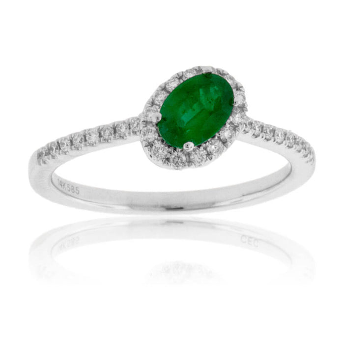 Tilted Oval Green Emerald & Diamond Halo Style Gold Ring - Park City Jewelers