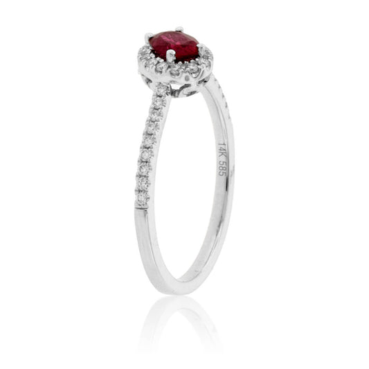 Tilted Oval Ruby and Diamond Halo Ring - Park City Jewelers