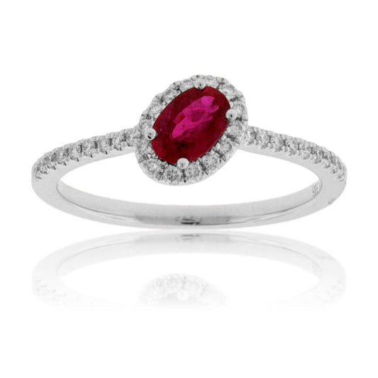 Tilted Oval Ruby and Diamond Halo Ring - Park City Jewelers