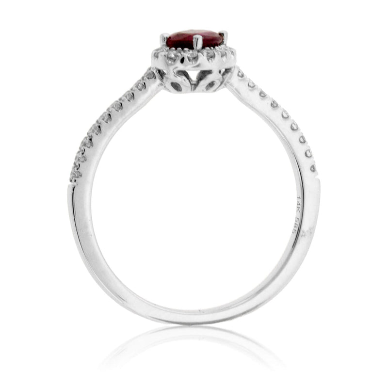 Tilted Oval Ruby and Diamond Halo Ring - Park City Jewelers