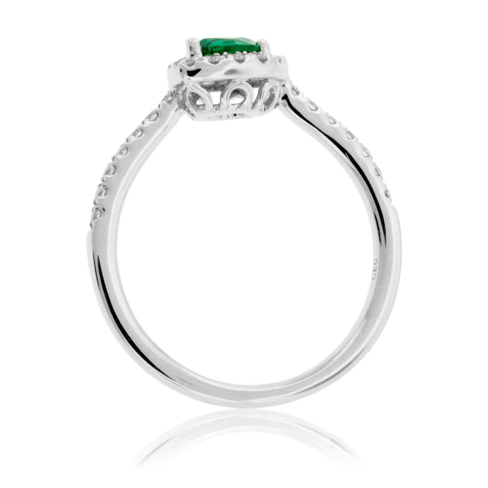 Tilted Pear Green Emerald & Diamond Halo Style Gold Ring - Park City Jewelers