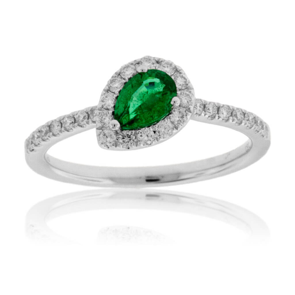 Tilted Pear Green Emerald & Diamond Halo Style Gold Ring - Park City Jewelers