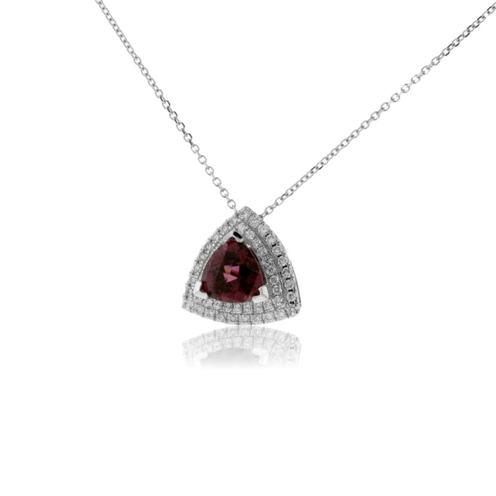 Trillion Rhodolite Garnet in Double Diamond Halo Pendant - Park City Jewelers