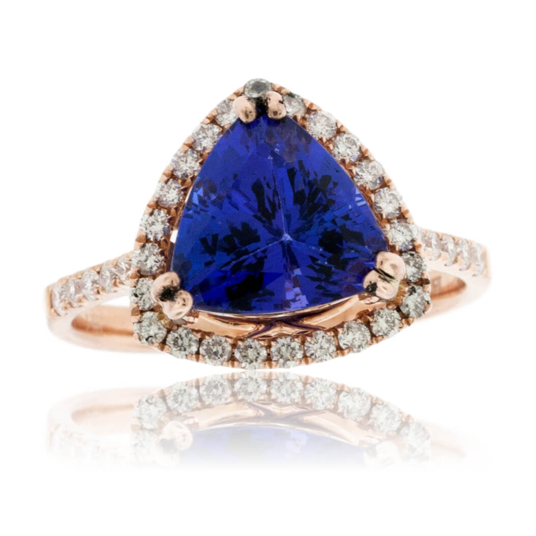 Trillion Tanzanite and Diamond Halo Ring in Rose Gold