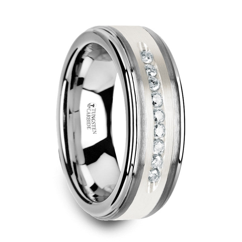 Tungsten Band with Raised Center, Diamonds, Silver Inlay - Park City Jewelers