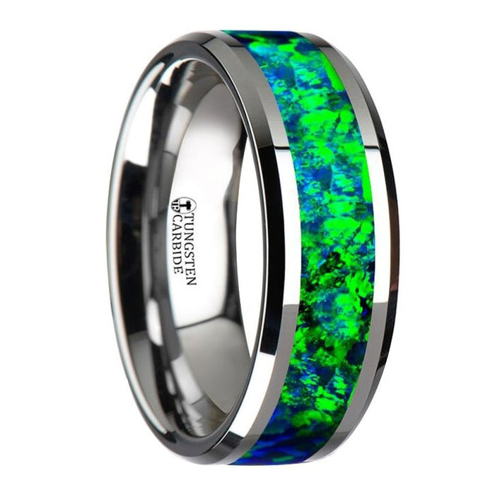Tungsten Beveled Band with Emerald Green & Sapphire Blue Color Opal Inlay - Park City Jewelers