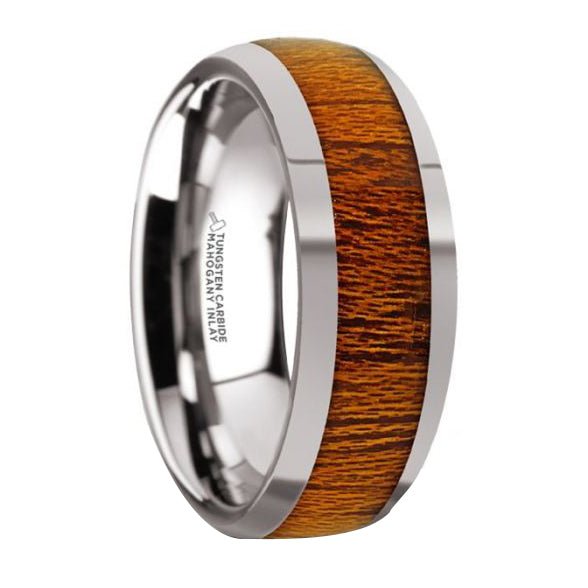 Tungsten Carbide Mahogany Wood Inlay Domed Wedding Ring with Polished Finish - Park City Jewelers