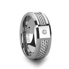 Tungsten Ring with White Carbon Fiber & Diamond - Park City Jewelers