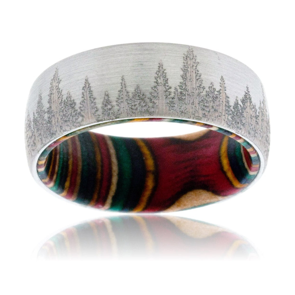 Tungsten & Stained Whisky Barrel with Laser Engraved Treeline Ring - Park City Jewelers