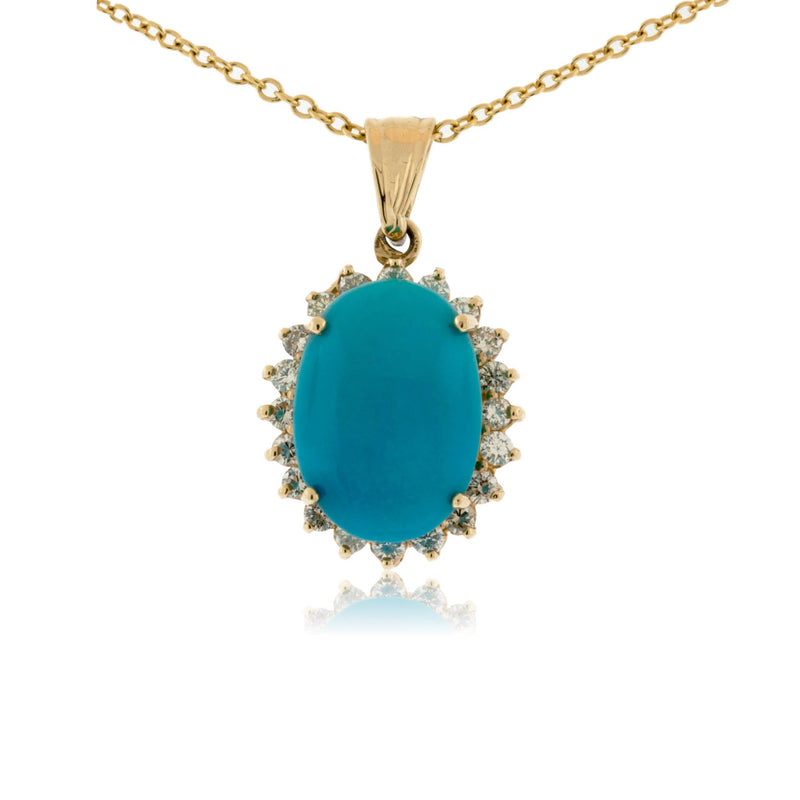 Turquoise Cabochon and Diamond Halo Pendant with Chain - Park City Jewelers