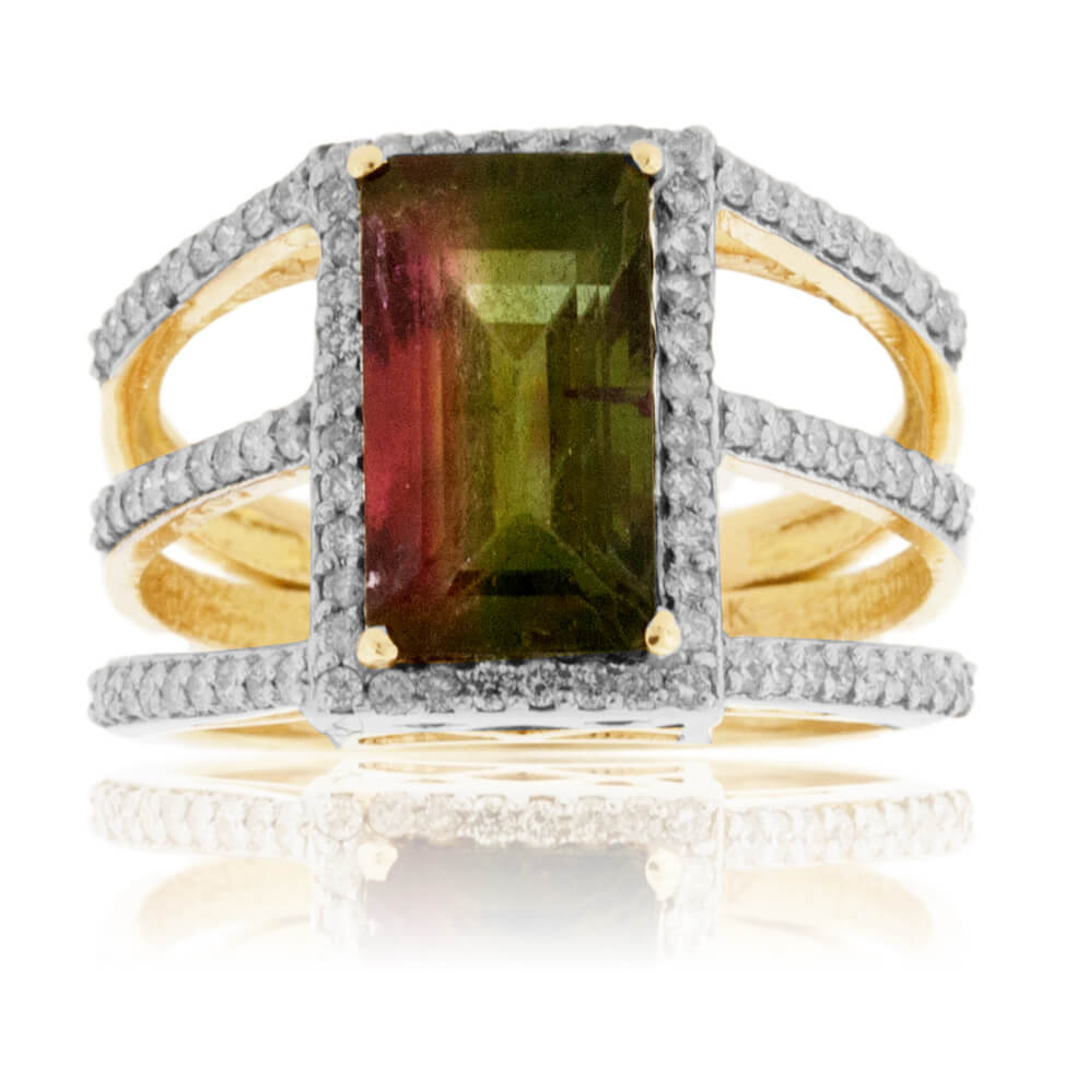 Watermelon Tourmaline & Diamond Three Row Ring - Park City Jewelers