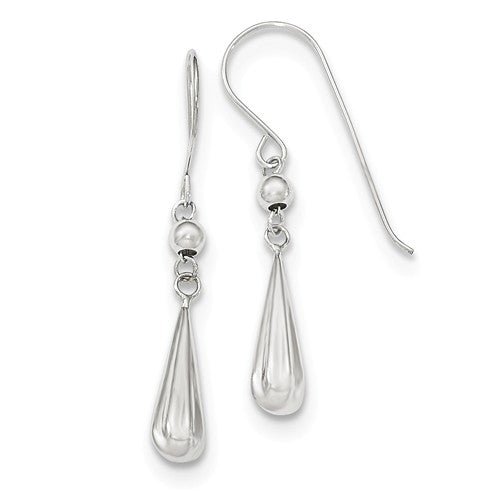 White Gold Grooved Puffed Teardrop Shepherd Hook Earrings - Park City Jewelers