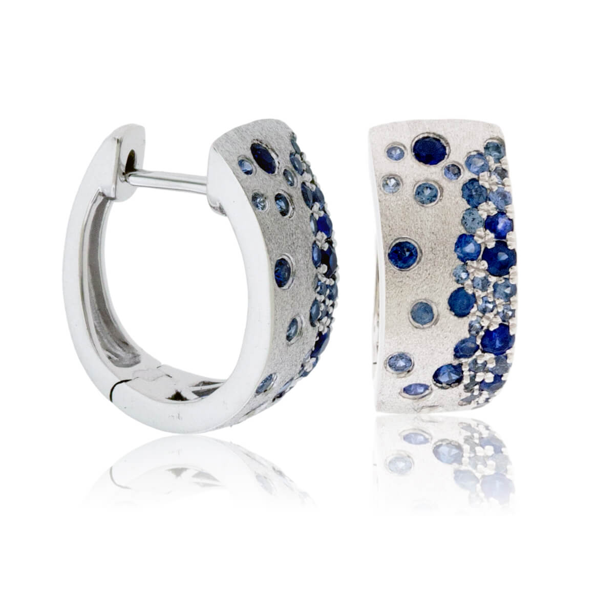 White Gold Satin Finish Flush Set Blue Sapphire Earrings - Park City Jewelers